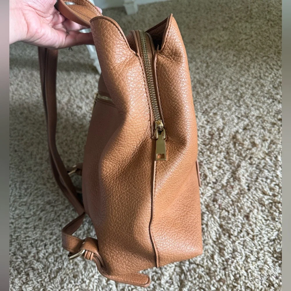 Women's Tan Leather Backpack Tote with Tassel